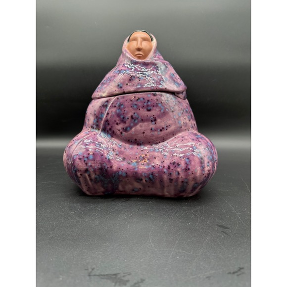 VTG Pueblo Storyteller Cookie Jar Purple Speckled Pottery Terracotta Face Signed - Picture 2 of 6